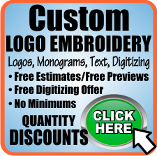CLICK HERE for detailed information on custom Logo Embroidery, costs and pricing examples